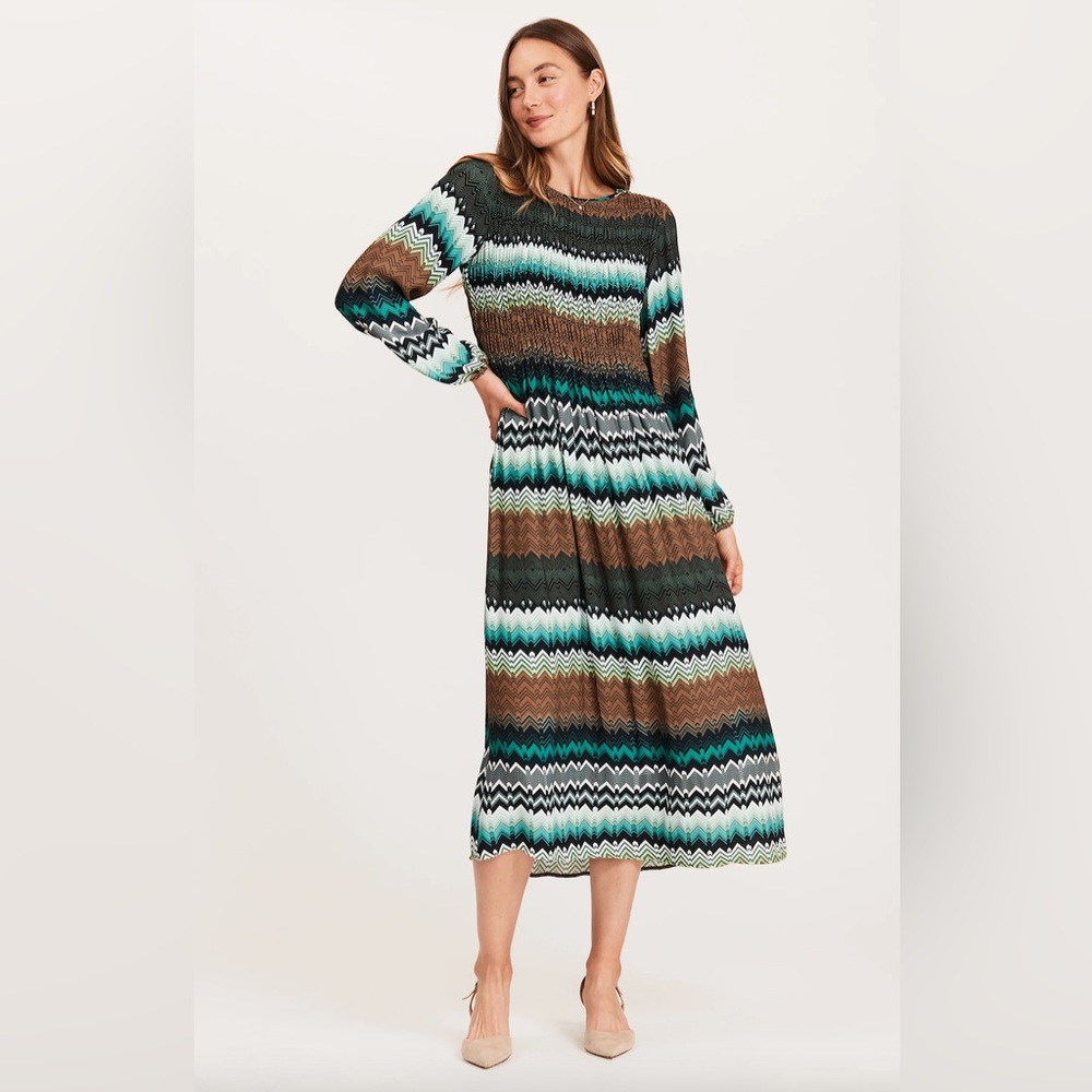 Tyler Boe Taylor Chevron Pleated Midi Dress Green Brown Long Sleeve M NWT